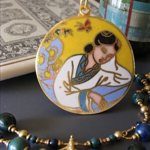 Lady with Butterfly Cloisonne Pendant Chinoiserie Daydreamer Necklace